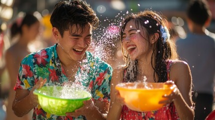 Young men and women are playing Songkran water happily, Songkran Festival