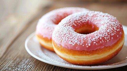 Set of delicious donuts with pink frosting and powdered sugar on a wooden table
