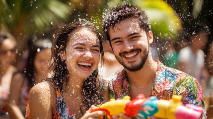 Young men and women are playing Songkran water happily, Songkran Festival