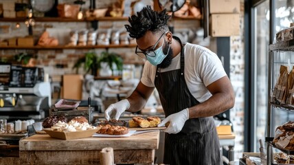 Baker preparing fresh pastries with care.
