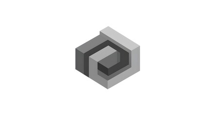A modern 3D cube icon with a sleek, minimalist design featuring geometric precision and depth.