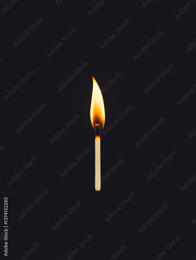 Poster close-up of a single matchstick with a burning flame. the matchstick is in the center of the image, 
