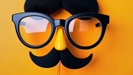 Father's Day Holiday Concept. Transparent glasses, stylish black paper photo booth props moustaches on orange background. - Powered by Adobe