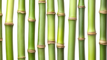 Obraz premium Fresh bamboo stalks and green leaves hanging on white background in natural style.