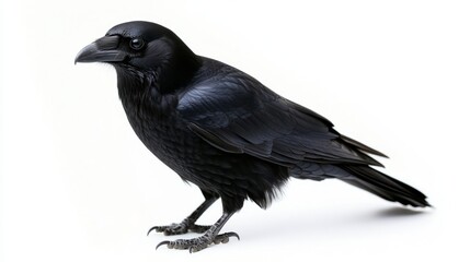 Obraz premium Realistic black raven bird side view isolated on white background concept of mystery.