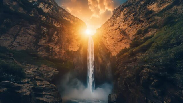A majestic waterfall illuminated by golden sunset rays. Representing nature beauty, tranquility, and the passage of time.