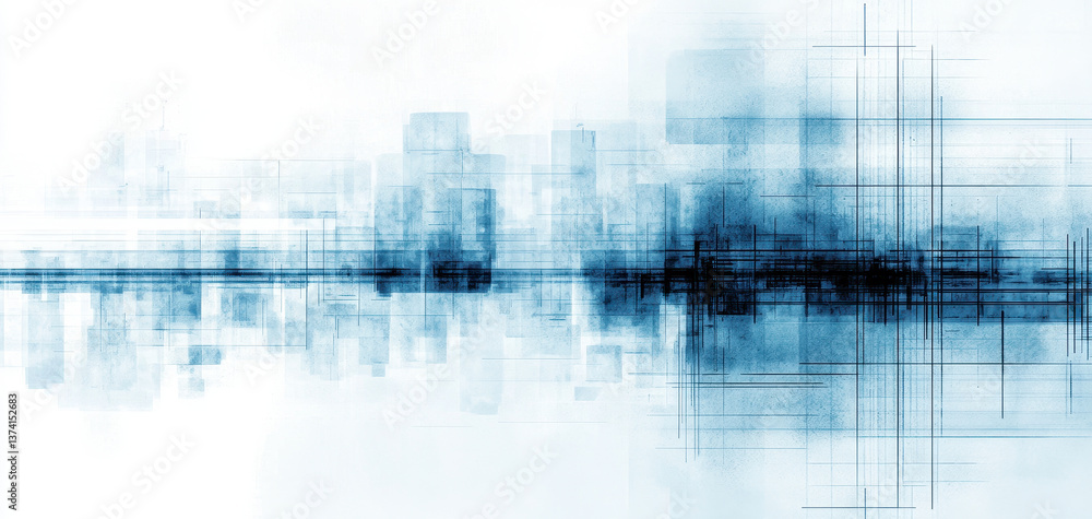 Poster abstract cityscape design featuring blue tones and geometric lines, creating modern and dynamic atmo