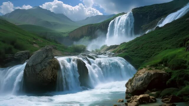 Cascading waterfalls flow through lush green mountains. A breathtaking natural paradise full of life, purity, and serenity.
