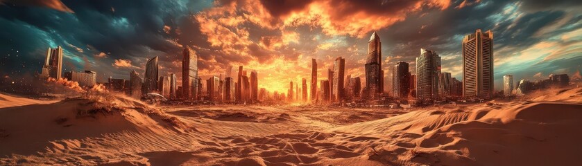Breathtaking Desert Sunset Over a Modern Cityscape with Skyscrapers