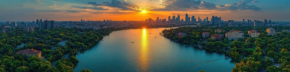 Beautiful cityscape with a river at sunset and modern buildings