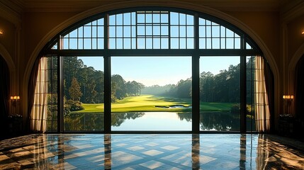 Fototapeta premium A grand arched window reveals a luxurious golf course view