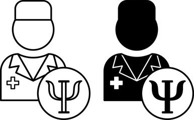 Psychologist Icons. Black and White Vector Illustrations. Doctor Who Will Study The Inner World Of A Person. Mental Health. Medicine Concept