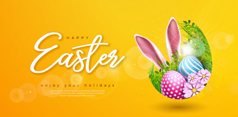 Happy Easter Illustration with Flower, Painted Egg and Rabbit Ears on Yellow Background. Vector International Religious Celebration Holiday Design with Typography Letter for Greeting Card or Banner.