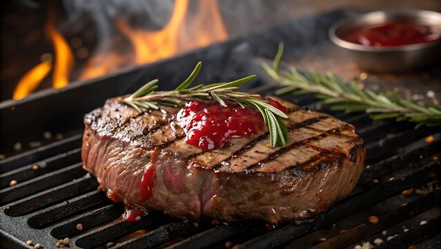 Grilled steak with rosemary and sauce, sizzling on the barbecue, mouthwatering cooking concept, close-up of BBQ food
