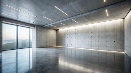 Modern minimalist interior design of an empty room with concrete walls, a polished floor, and a large window offering a scenic view