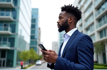 Fototapeta premium Pondering african american businessman looking away and smiling while holding smartphone in hand, urban office buildings background, place for text 