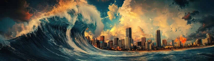 Dramatic Ocean Wave Approaching Urban Cityscape at Sunset
