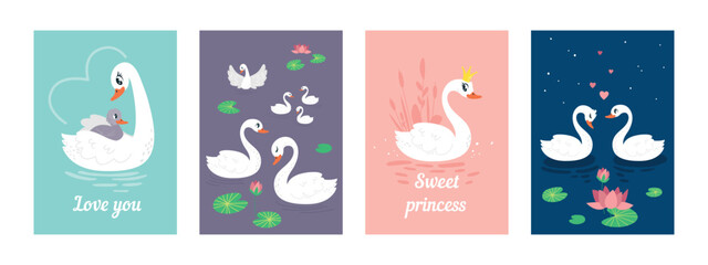 Posters with white swans. Beautiful swan princess in crown, flock of birds on lake or pond. Cute postcards, banners or covers classy vector design © LadadikArt