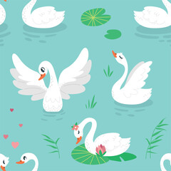 Cartoon swan seamless pattern. White fairytale swans on lake or pond. Beautiful animal nature print for fabric, wallpaper. Graceful classy vector background