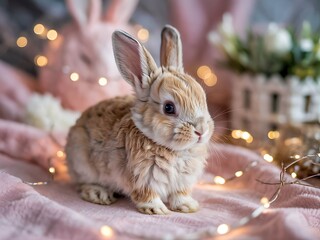 Adorable Baby Bunny Sitting on Soft Pastel Pink Fluffy Surface with Dreamy Blurred Bokeh Background in Warm Tones Perfect for Easter Celebrations Spring-Themed Designs Cute Animal Stock Photography