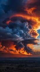 A landscape with dark, stormy clouds illuminated by the setting sun. Suitable for blogs about weather, natural phenomena, dramatic landscapes and projects related to the power of nature.