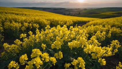 A wide landscape with a bright yellow flowering rapeseed field extending to the hills on the horizon under a clear sky with the sunset or sunrise sun.