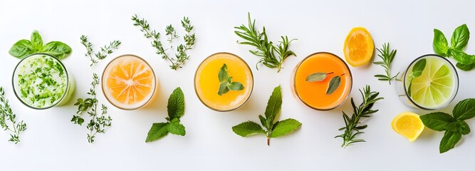 Set of glasses of delicious cocktails of different flavors on a white background.