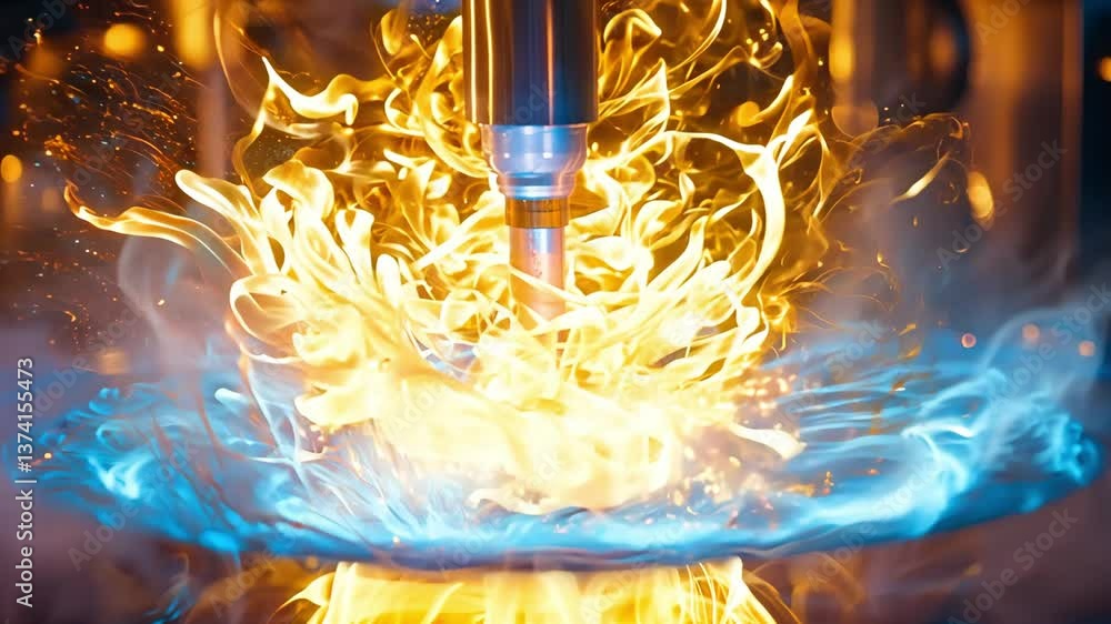 Poster vibrant flames and blue light swirl an intense display of atomic energy and theory in dynamic intera