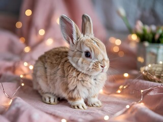 Adorable Baby Bunny Sitting on Soft Pastel Pink Fluffy Surface with Dreamy Blurred Bokeh Background in Warm Tones Perfect for Easter Celebrations Spring-Themed Designs Cute Animal Stock Photography