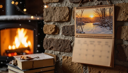 Hanging Calendar Mockup showcasing cozy winter scene by fireplace  