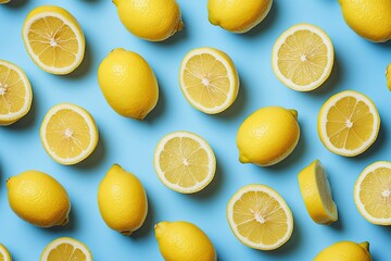 Pattern of Lemon Slices on Blue Background