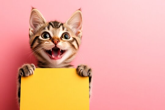 Branding with wild pet. Isolated young cat cub on a solid apparel pink background. Funny cat commercial. Ð¡ute cat singapura hold in front paws a design draft - large yellow avenue sign.