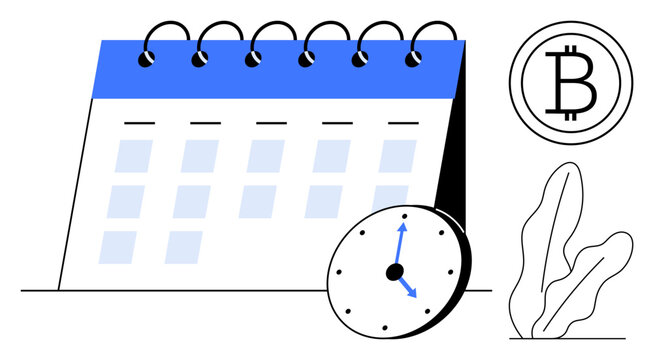 Desk calendar with blue accents, clock showing time, Bitcoin coin symbol, and abstract plant for growth. Ideal for finance, cryptocurrency, scheduling, productivity, time management trading