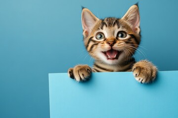 Cat photo ad. Pet mockup with message. Ð¡ute cat toyger hold in front paws a layout - large blue boulevard sign. Creature in white studio. Isolated feline infant on a solid suit rblue background.