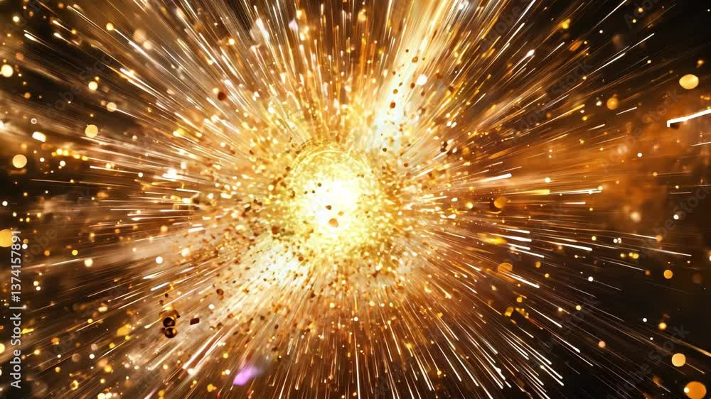 Poster stunning explosion of golden particles showcases vibrant energy and motion in beautiful display of l