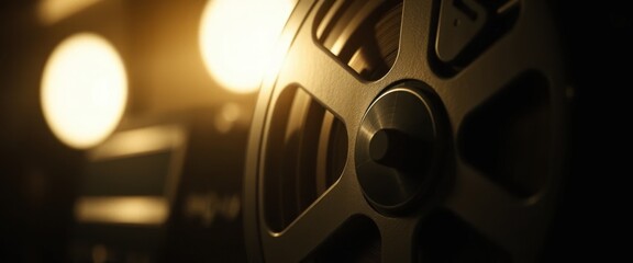 Close up of Vintage Film Reel in Warm Light Cinematic Texture Retro Media Movie Production