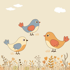 Floral pattern with three cute cartoon birds  on white background