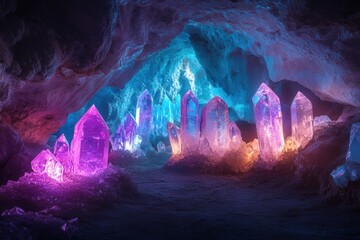 Colorful crystal formations illuminate a dark cave with a mystical glow of pink, purple, and blue hues.