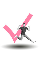 Vertical sketch 3d artwork collage poster of happy businessman run vote checkmark sign approval symbol election option decision
