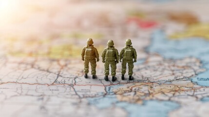 Soldiers in green uniforms standing on a map highlighting military strategy and planning in a tactical setting