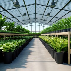 A spacious greenhouse filled with vibrant potted plants arranged neatly on wooden shelves, illuminated by natural light from the glass roof.