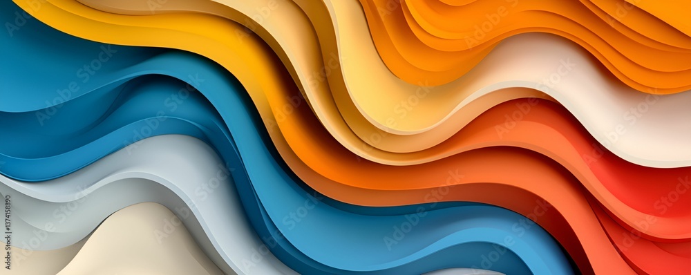 Poster a vibrant abstract design featuring flowing waves of color in shades of blue, orange, yellow, and cr