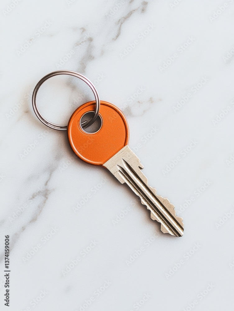 Poster keychain with an orange keyring attached to it. the keychain is lying on a white marble surface. the