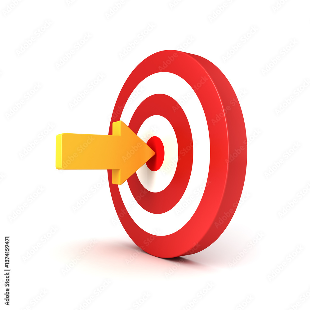 Leinwandbilder focus yellow arrow aiming or pointing to the center of goal target or dart board isolated on white b