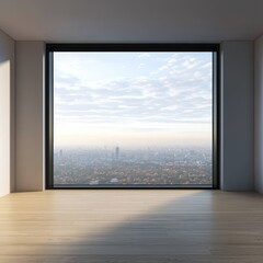 Fototapeta premium A minimalistic interior with a large window offering a panoramic view of a city skyline and a cloudy sky.