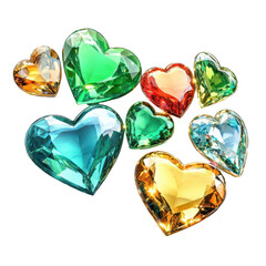 Fototapeta premium Colorful Hearts of Jewels: A collection of vibrant gemstone hearts, each radiating with unique color and facets, arranged in a captivating display of beauty and elegance.