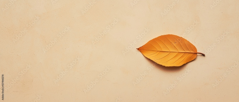 Poster flat lay of a single orange leaf on a beige background. the leaf is in the center of the image and i