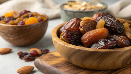 A bowl filled with dried dates, isolated on a white background.