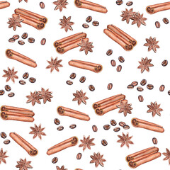 Watercolor pattern spice star anise cinnamon stick