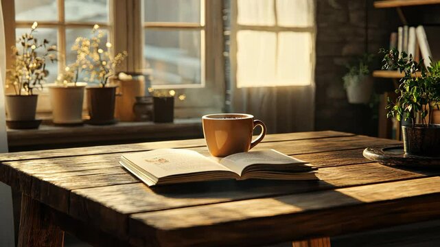 A handmade wooden table with a freshly brewed coffee cup and a book on top, soft lighting. digital